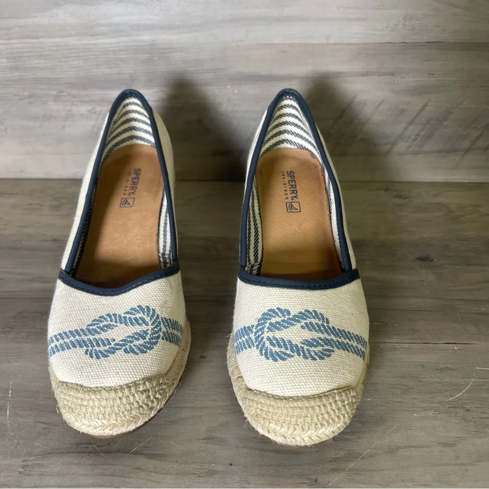 Sperry Womens 6 Tan Blue Knot Nautical Top Sider Espadrilles‎ Closed Toe Wedge